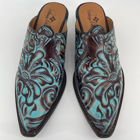 Patricia Nash Tooled Leather Floral Embossed Turquoise Mules Clogs Western 8 - Picture 2 of 8